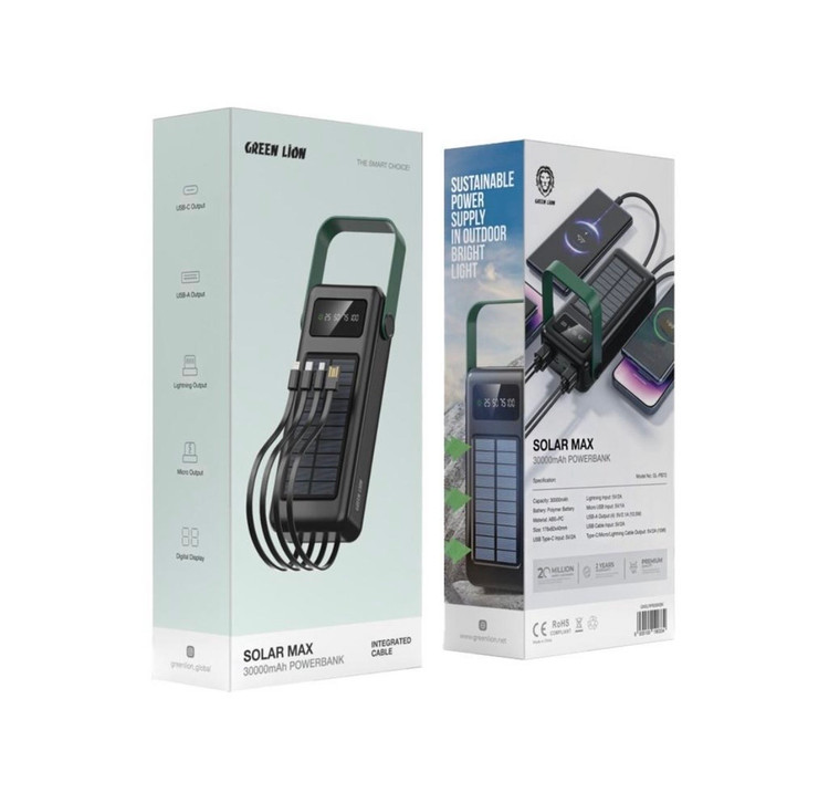 پاوربانک خورشیدی گرین لاین مدل Solar Max | ظرفیت ۳۰٬۰۰۰ میلیآمپرساعت
